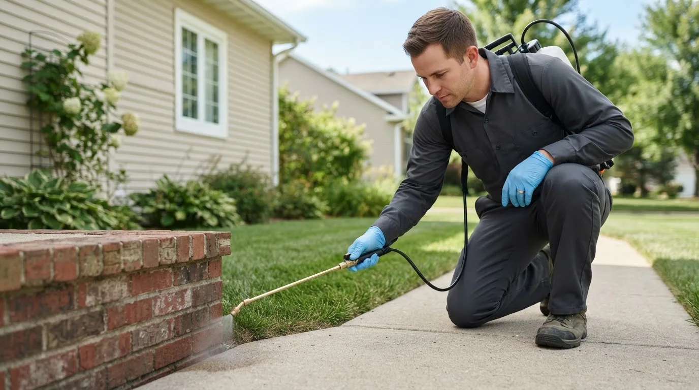 Pest control technician treating a home near Morrisville, MO