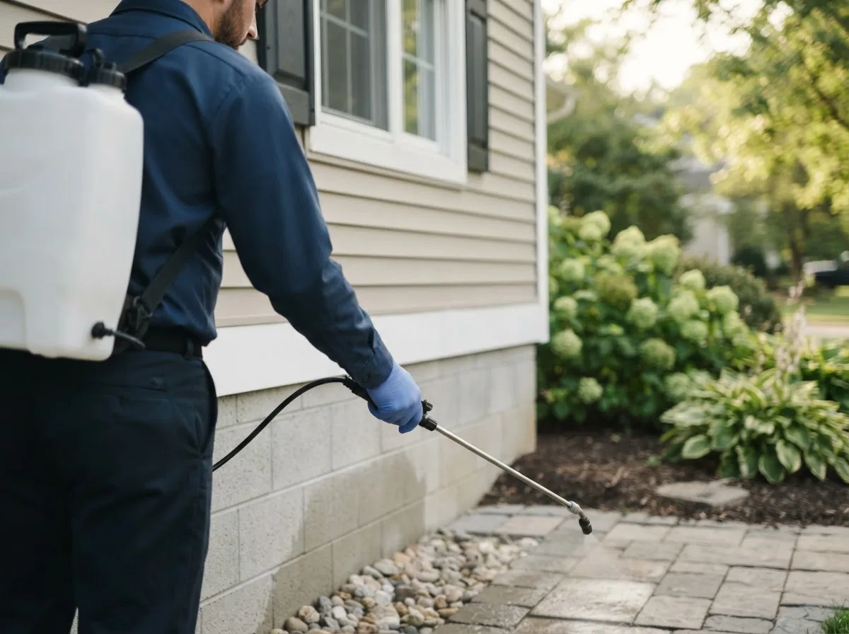 Pest control technician inspecting a home in Morrisville, MO
